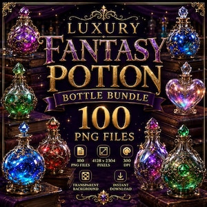 Op de afbeelding: Een digitale collectie van 100 luxe fantasy toverdrankflesjes in PNG-formaat. De afbeelding toont versierde glazen flesjes in diverse kleuren zoals paars, blauw, groen, rood en roze, met gouden filigraandetails en kristallen stoppen.