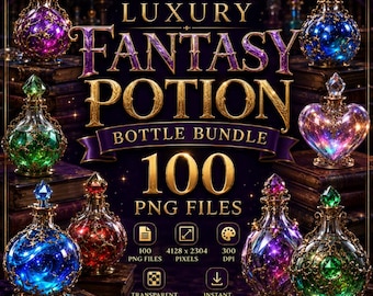 Luxury Fantasy Potion Bottle Bundle | 100 PNG Clipart | Gothic Alchemy Bottles | Magic Potion Collection | Transparent Background | 300 DPI