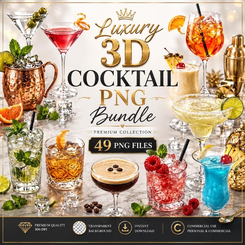 May include: A collection of various cocktails in glassware including a copper mug, martini glasses, and tumblers filled with colorful drinks, ice, fruit garnishes, and coffee beans, with text reading Luxury 3D COCKTAIL PNG Bundle 49 PNG FILES.