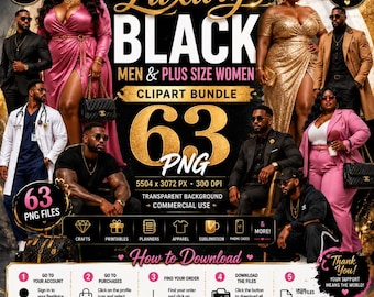 Luxury Black Men Plus Size Women Clipart Bundle, Realistic 3D PNGs (Digital Download)