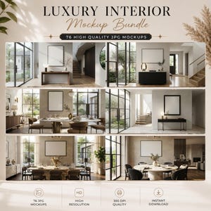 K&ouml;nnte beinhalten: Ein digitales Paket mit dem Titel LUXURY INTERIOR Mockup Bundle mit 76 hochwertigen JPG-Mockups. Das Bild zeigt ein Raster aus sechs Innenraumszenen, die jeweils einen leeren rechteckigen Rahmen an einer Wand enthalten, sowie Symbole f&uuml;r HD, 300 DPI und Sofort-Download.