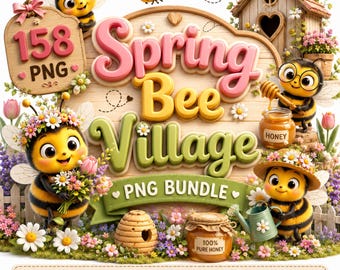 Spring Bee Village Clipart Bundle | 158 Kawaii Honey Bee Graphics (Digital Download)