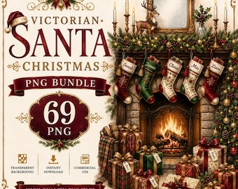 Victorian Santa Christmas Watercolor PNG Bundle, 69 Graphics (Digital Download)