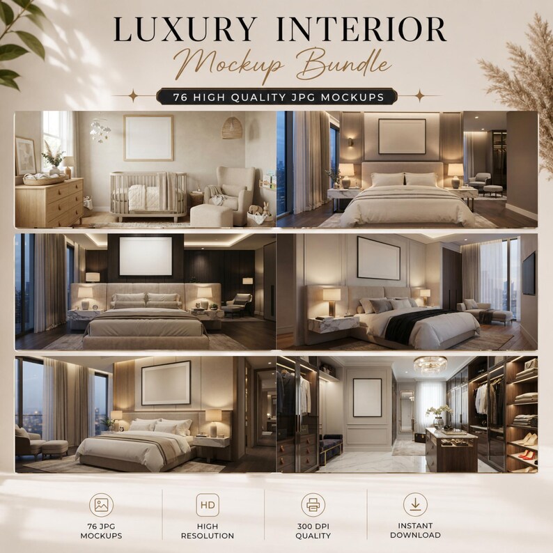 K&ouml;nnte beinhalten: Ein digitales Paket mit dem Titel Luxury Interior Mockup Bundle, das 76 hochwertige JPG-Mockups enth&auml;lt. Das Bild zeigt sechs verschiedene Innenraumszenen mit Betten, Kinderbetten und Schr&auml;nken, jeweils mit einem leeren rechteckigen Rahmen.