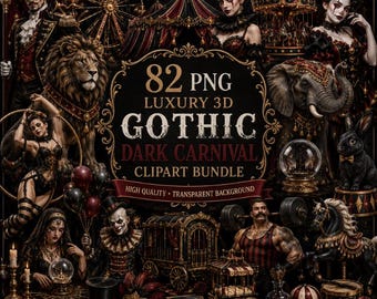 Gothic Dark Carnival Clipart Bundle, Luxury 3D Circus Characters (Digital Download)