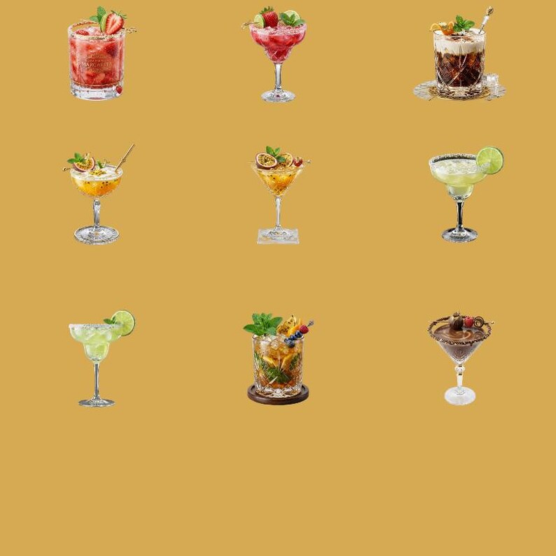 May include: A collection of nine distinct cocktails served in various glassware, including tumblers and stemmed glasses. The drinks feature colorful garnishes like fresh strawberries, lime slices, mint leaves, passion fruit, and berries.