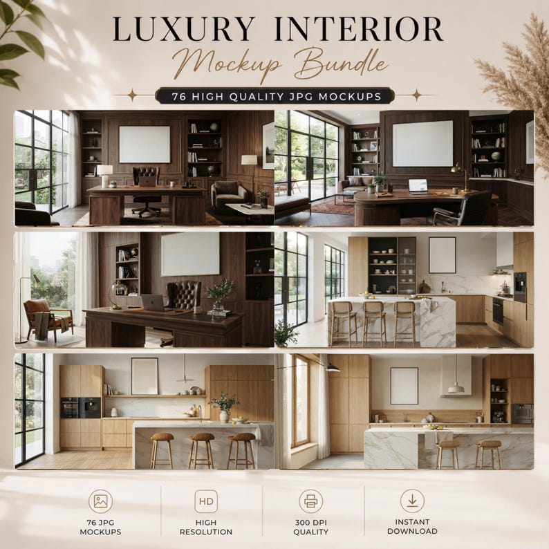 K&ouml;nnte beinhalten: Ein digitales Paket mit dem Titel LUXURY INTERIOR Mockup Bundle, das 76 hochwertige JPG-Mockups enth&auml;lt. Das Bild zeigt sechs verschiedene Innenraumszenen mit B&uuml;ros und K&uuml;chen mit Holzschr&auml;nken, Marmorinseln und leeren Wandrahmen.