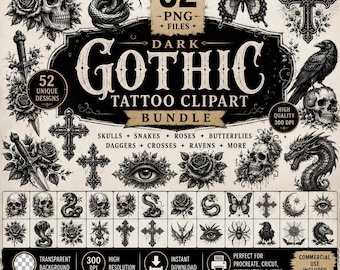 Dark Gothic Tattoo Clipart Bundle | Skulls, Snakes, Roses (Digital Download)