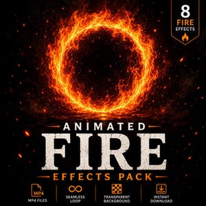 8 efectos de fuego animados / Paquete de superposiciones MP4 / Efectos visuales de fuego fantástico para streamers y editores de vídeo