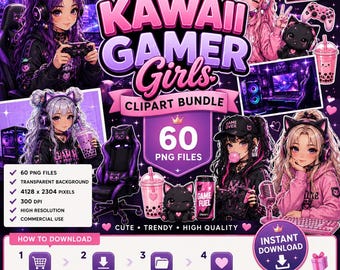 Kawaii Gamer Girls Clipart Bundle | 60 Anime Girl PNG Files | Cute Gaming Character Pack | Commercial Use