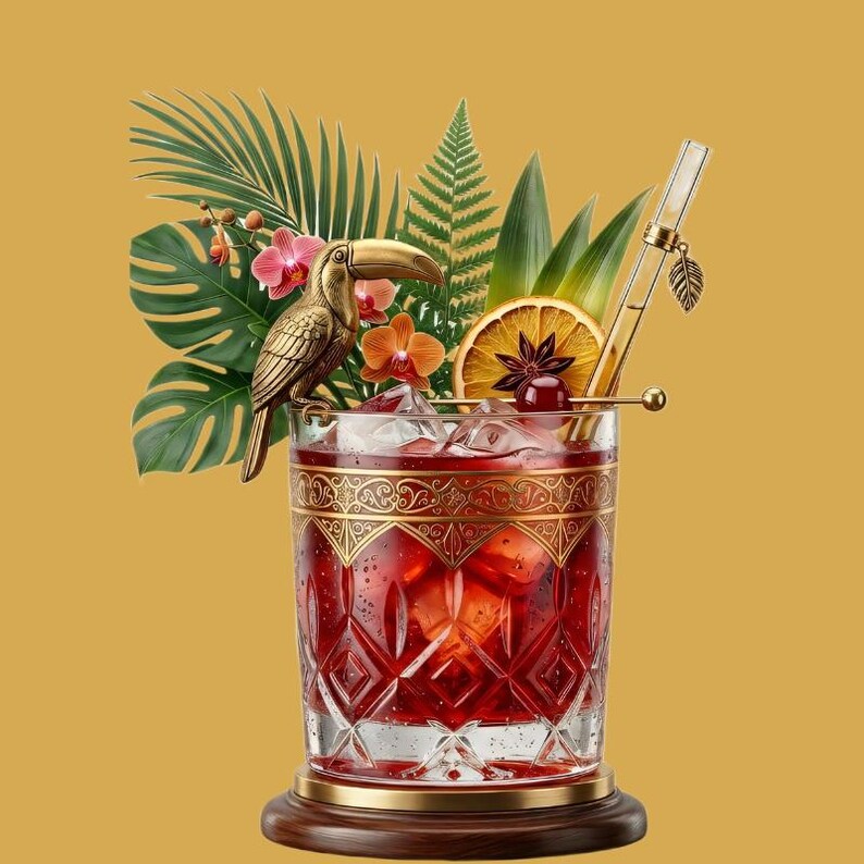 May include: A crystal glass filled with a deep red liquid and ice cubes, featuring a gold toucan figurine on the rim. The drink is garnished with a slice of orange, a star anise, a cherry, and a clear straw with a gold leaf charm, set against tropical foliage.