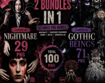 Surreal Gothic PNG Bundle | Dark Fantasy Clipart, Nightmare Art (100 Files)