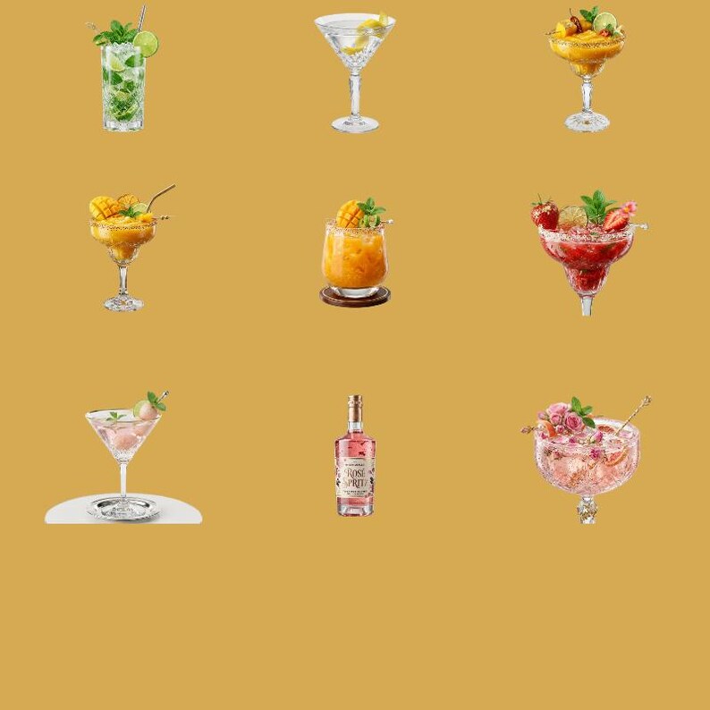 May include: A collection of nine distinct cocktails and a bottle of Rose Spritz arranged in a grid. The drinks include a mojito, martini, mango margarita, orange juice drink, strawberry margarita, pink cocktail, and a floral-infused beverage.