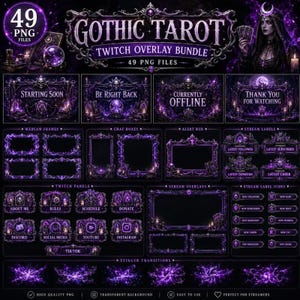 Puede incluir: Un paquete digital de 49 archivos PNG con un tema de superposición de Twitch de Tarot Gótico. La colección incluye marcos, cuadros de chat, cajas de alertas, etiquetas de transmisión, paneles y transiciones en tonos morado y negro.