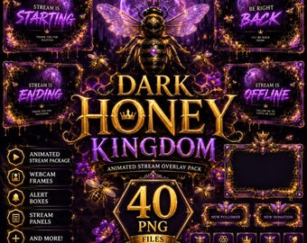 Bee Stream Overlay Pack | Dark Honey Kingdom | Purple & Gold Twitch Package