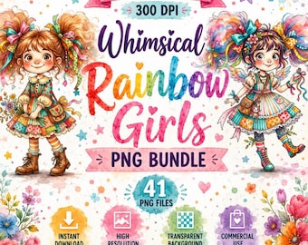 Whimsical Rainbow Girls PNG Bundle, Watercolor Fantasy Clipart (Instant Download)