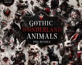 Gothic Wonderland Animals PNG Bundle, Dark Fantasy Cats, Rabbits, Ravens (Digital Download)