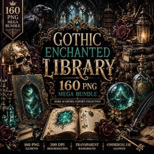 Puede incluir: Un paquete gráfico digital titulado Gothic Enchanted Library 160 PNG Mega Bundle que presenta un cuervo, una calavera, un libro abierto con ilustraciones en color cerceta, una bola de cristal, velas, rosas y libros antiguos detallados.