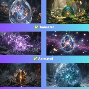 May include: A collection of six distinct egg-shaped objects featuring varied textures and light effects, including a clear crystal egg with internal blue and orange energy, a green scaled egg, a purple glowing egg, a cosmic egg, a rune-etched egg, and a frosted egg.