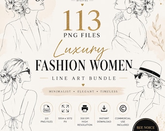 Luxury Fashion Women Line Art Bundle, 113 Minimalist Portraits (Digital Download)