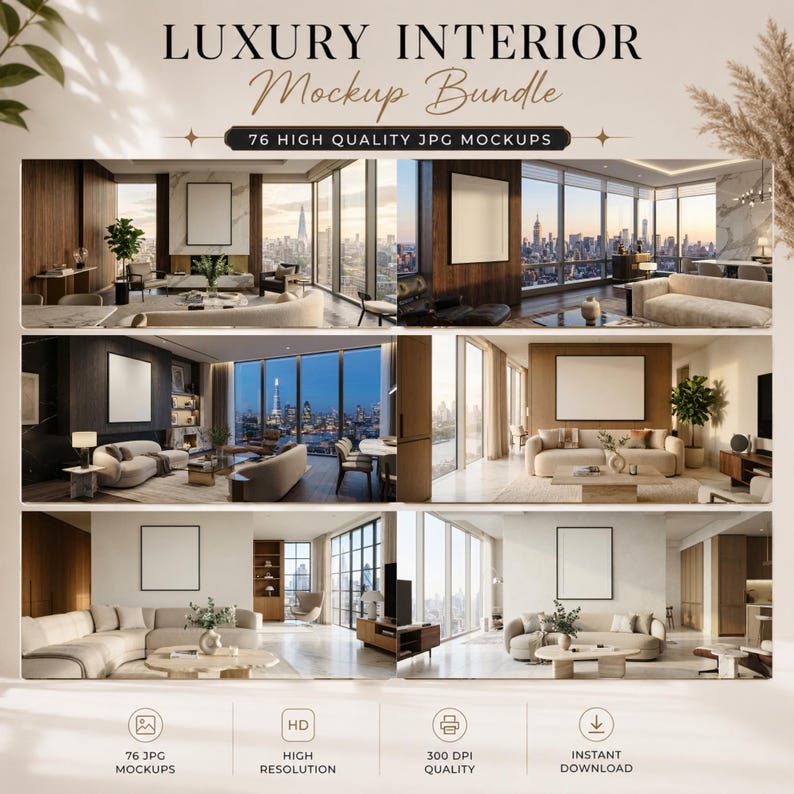 K&ouml;nnte beinhalten: Ein digitales Paket mit dem Titel LUXURY INTERIOR Mockup Bundle mit 76 hochwertigen JPG-Mockups. Das Bild zeigt sechs verschiedene Innenraumszenen, die jeweils einen leeren rechteckigen Rahmen an der Wand und moderne M&ouml;belarrangements enthalten.
