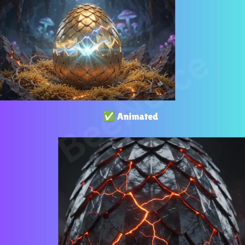 May include: A golden dragon egg with a textured scale pattern resting in a nest of twigs and moss, featuring a bright light emanating from a crack in the center. Below, a dark grey dragon egg with glowing orange cracks between its scales.