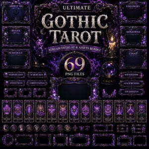 Puede incluir: Un paquete de activos digitales titulado Ultimate Gothic Tarot Stream Overlay and Assets Bundle, que contiene 69 archivos PNG. La colección incluye marcos morados ornamentados, diseños de cartas de tarot y elementos decorativos oscuros.