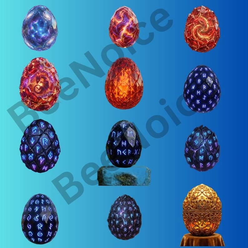 May include: A collection of eleven oval-shaped decorative eggs featuring diverse textures and patterns. Designs include cosmic blue nebula, fiery orange lava, glowing red scales, dark surfaces with illuminated blue runes, and an ornate gold filigree egg.