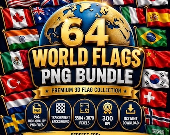 64 World Flags PNG Bundle | Country Flag Clipart | High Resolution Flag Graphics | International Flags | Commercial Use