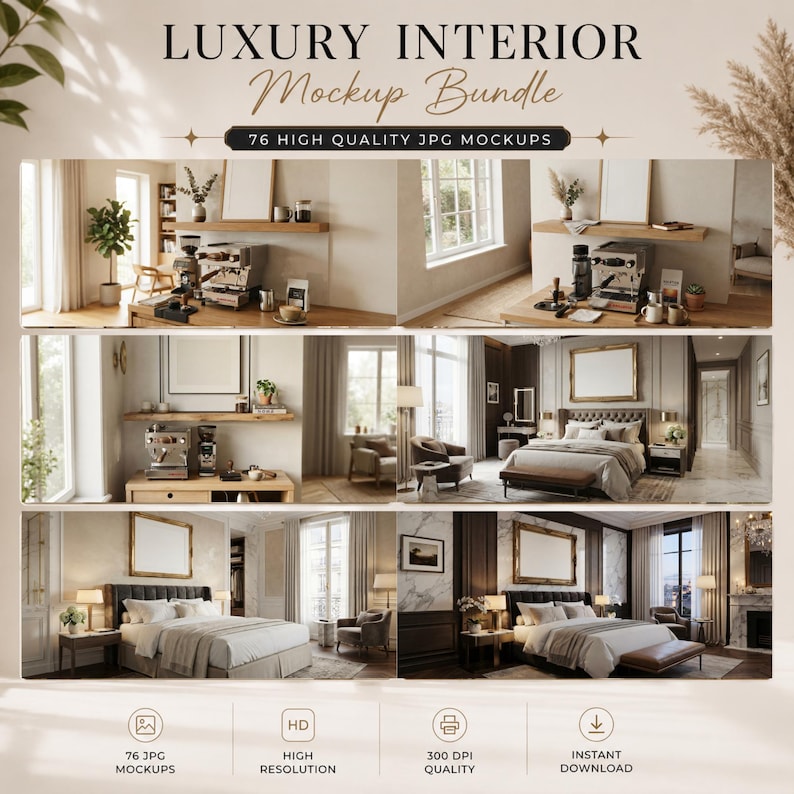 K&ouml;nnte beinhalten: Ein digitales Paket aus 76 hochwertigen JPG-Innenraum-Mockups, die verschiedene Raumgestaltungen zeigen, darunter Kaffeestationen mit Espressomaschinen und Schlafzimmer mit Betten, alles in einem Rasterlayout mit Text.