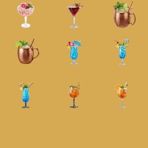May include: A collection of nine cocktails in various glassware, including copper mugs, stemmed wine glasses, and hurricane glasses. The drinks feature colorful liquids, garnishes like citrus slices, mint sprigs, cherries, and small paper umbrellas.