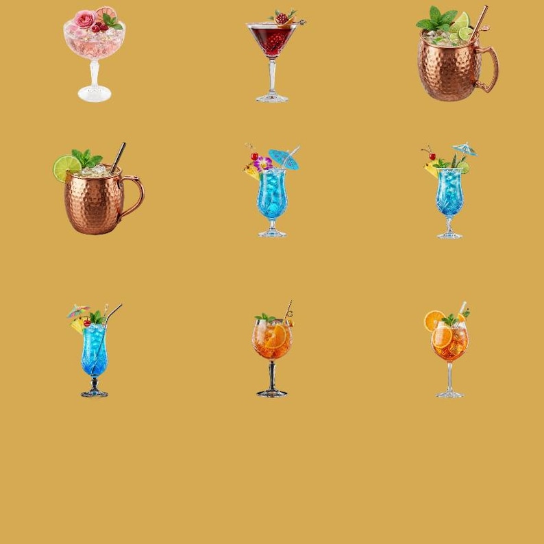 May include: A collection of nine cocktails in various glassware, including copper mugs, stemmed wine glasses, and hurricane glasses. The drinks feature colorful liquids, garnishes like citrus slices, mint sprigs, cherries, and small paper umbrellas.