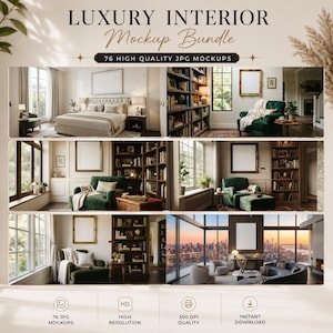 K&ouml;nnte beinhalten: Eine digitale Sammlung mit dem Titel LUXURY INTERIOR Mockup Bundle, die 76 hochwertige JPG-Mockups enth&auml;lt. Das Bild zeigt sechs verschiedene Innenraumszenen mit Schlafzimmern, Wohnbereichen mit gr&uuml;nen Sesseln, B&uuml;cherregalen und Stadtansichten.