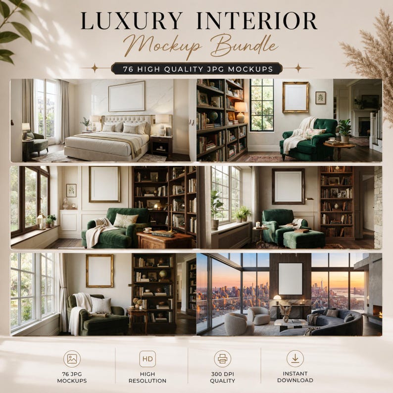 K&ouml;nnte beinhalten: Eine digitale Sammlung mit dem Titel LUXURY INTERIOR Mockup Bundle, die 76 hochwertige JPG-Mockups enth&auml;lt. Das Bild zeigt sechs verschiedene Innenraumszenen mit Schlafzimmern, Wohnbereichen mit gr&uuml;nen Sesseln, B&uuml;cherregalen und Stadtansichten.