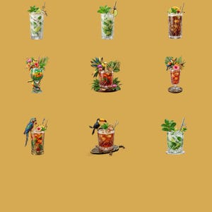 May include: A collection of nine distinct cocktails served in various glassware, featuring garnishes like fresh mint leaves, lime slices, tropical flowers, and miniature bird figurines including toucans and parrots perched on the rims.