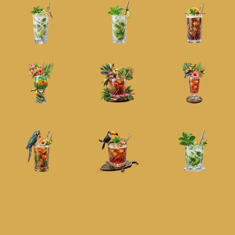 May include: A collection of nine distinct cocktails served in various glassware, featuring garnishes like fresh mint leaves, lime slices, tropical flowers, and miniature bird figurines including toucans and parrots perched on the rims.