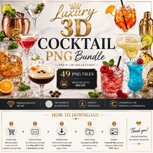 May include: A digital bundle of 49 high-quality 3D cocktail PNG files featuring various drinks in glassware, including copper mugs, martini glasses, and tumblers with garnishes like lime, orange, and berries, with text reading Luxury 3D COCKTAIL PNG Bundle.