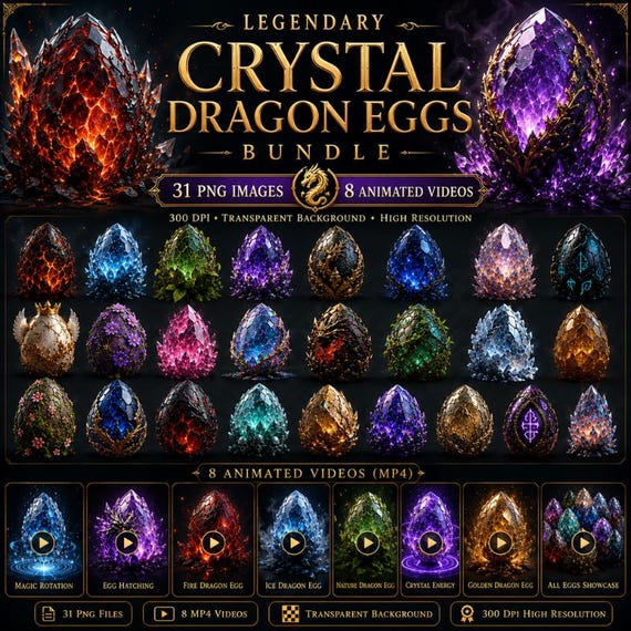 Crystal Dragon Eggs Bundle | Fantasy PNG Images, Animated MP4 Videos (Digital Download)