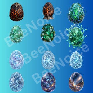 May include: A collection of twelve decorative eggs featuring various textures and themes, including lava-like cracked patterns, glowing green vines, crystalline ice structures, and deep space nebula designs with subtle dragon motifs on a blue background.