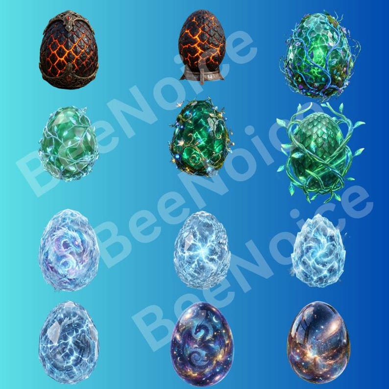 May include: A collection of twelve decorative eggs featuring various textures and themes, including lava-like cracked patterns, glowing green vines, crystalline ice structures, and deep space nebula designs with subtle dragon motifs on a blue background.