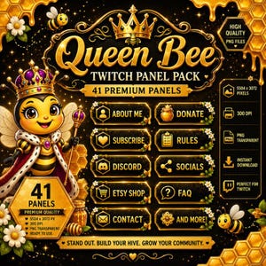Peut inclure: Un pack de panneaux Twitch Queen Bee numérique présentant une abeille dessin animé portant une couronne et une cape royale. Le design comprend des boutons encadrés d'or avec des étiquettes comme About Me, Donate, Subscribe, Rules, Discord, Socials, Etsy Shop, FAQ et Contact.