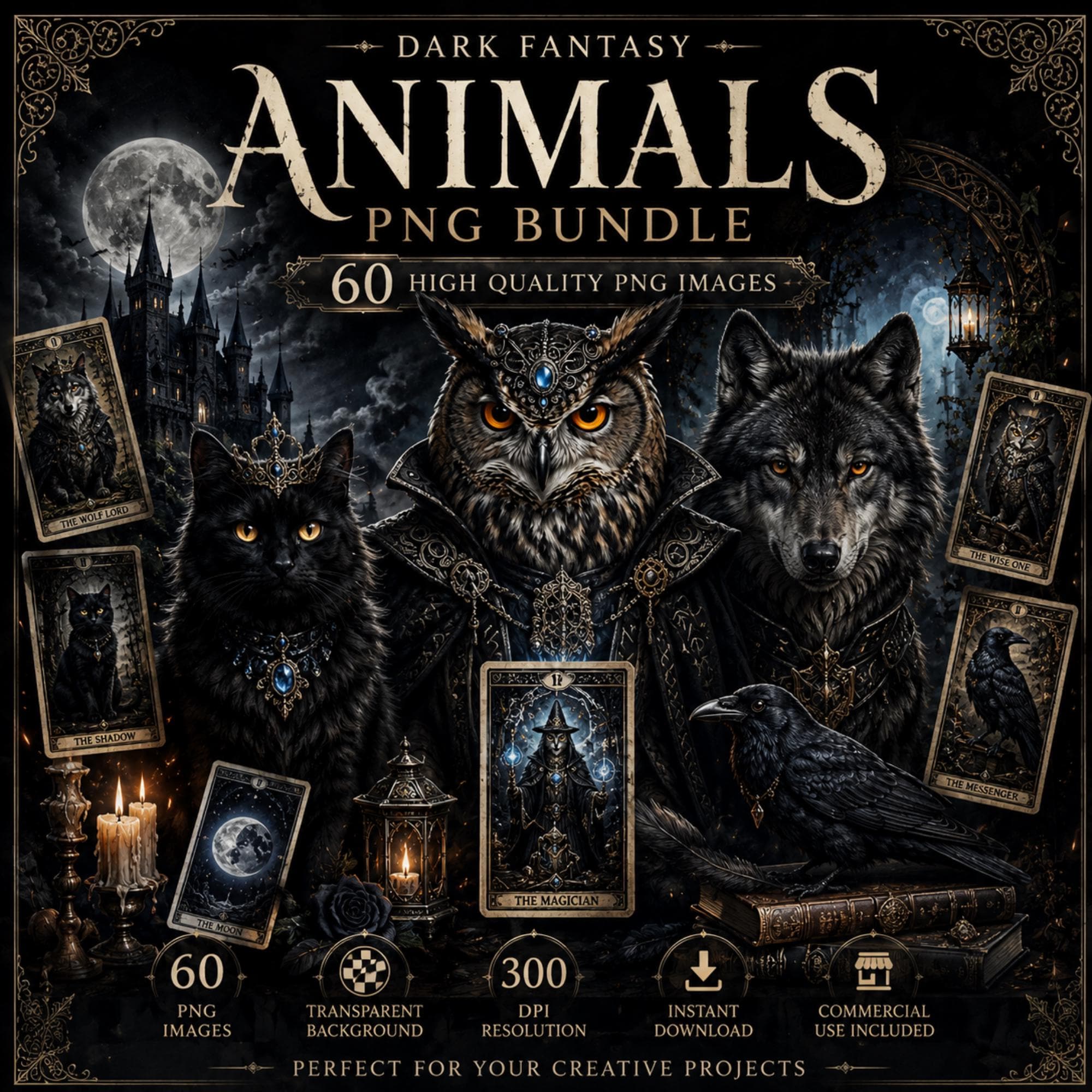 Gothic Animals PNG Bundle, Dark Fantasy Wolf Owl Cat Clipart