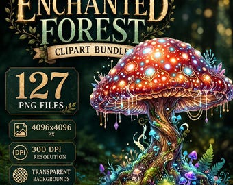 Enchanted Forest Clipart Bundle, Woodland Animals, Fairy House, Magical Trees, Mushrooms (Digital Download)