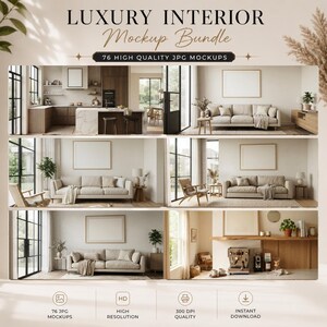 K&ouml;nnte beinhalten: Ein digitales Paket mit 76 hochwertigen JPG-Innenraum-Mockups, die verschiedene Wohnzimmer- und K&uuml;chenszenen zeigen. Jedes Bild zeigt M&ouml;bel in neutralen T&ouml;nen, leere Wandrahmen f&uuml;r Kunstwerke und moderne Dekoration in heller Optik.