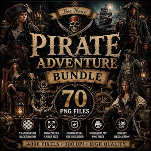 Può includere: Un pacchetto di arte digitale a tema pirata. L'immagine presenta diversi personaggi pirata, una nave pirata e il testo "PIRATE ADVENTURE BUNDLE" con "70 PNG FILES". Il testo aggiuntivo include "Bee Noice", "Transparent Background", "Commercial Use Included" e "High Quality".