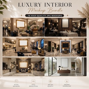 K&ouml;nnte beinhalten: Eine digitale Sammlung mit dem Titel Luxury Interior Mockup Bundle, die 76 hochwertige JPG-Mockups enth&auml;lt. Die Anzeige zeigt verschiedene Hotellobbys, Speises&auml;le und Lounges mit leeren Rahmen f&uuml;r Kunst sowie Symbole f&uuml;r HD, 300 DPI und Download.