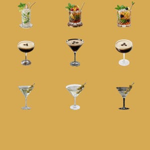May include: A grid of nine cocktails arranged in three rows. The top row features three tall glasses with fruit and mint garnishes. The middle row shows three martini glasses filled with dark liquid topped with coffee beans. The bottom row displays three martini glasses containing clear liquid garnished with green olives.