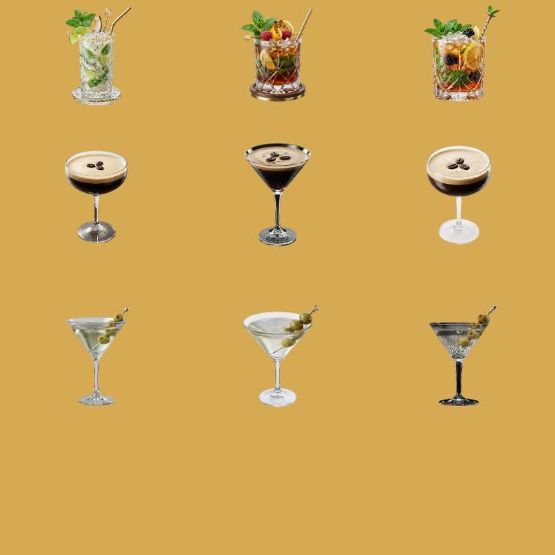 May include: A grid of nine cocktails arranged in three rows. The top row features three tall glasses with fruit and mint garnishes. The middle row shows three martini glasses filled with dark liquid topped with coffee beans. The bottom row displays three martini glasses containing clear liquid garnished with green olives.