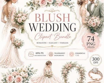 Könnte beinhalten: Ein digitales Kunstpaket namens "Blush Wedding Clipart Bundle" mit Illustrationen von Bräuten, Blumenarrangements, Eheringen und einem Torbogen. Der Text enthält "Romantisch, Elegant, Zeitlos" und Details zur Auflösung und Nutzung.