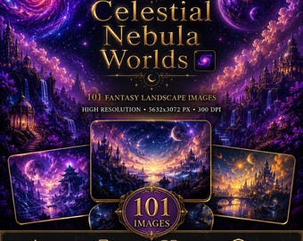 Könnte beinhalten: Digitales Kunstwerk mit dem Titel "Celestial Nebula Worlds", das Fantasy-Landschaftsbilder zeigt. Das Kunstwerk zeigt ein lebendiges lila und blaues Farbschema mit himmlischen Elementen, darunter Galaxien, Planeten und Wasserfälle. Der Text "101 Fantasy Landscape Images" ist enthalten.